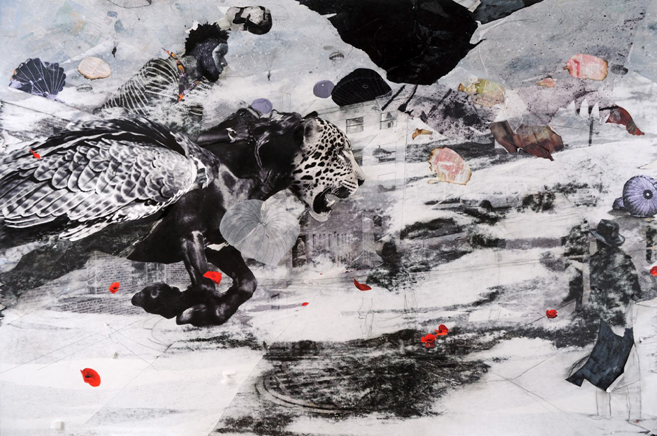 There's No Place Like Home, 2021, acrylic, charcoal, photographs, American history textbook, pulled paper, collage on wood panel, 48 x 72 in.