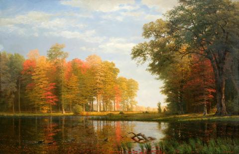 Albert Bierstadt (1830–1902), Autumn Woods, Oneida County, State of New York, ca. 1886 . Oil on linen. New-York Historical Society, gift of Mrs. Albert Bierstadt, 1910.11